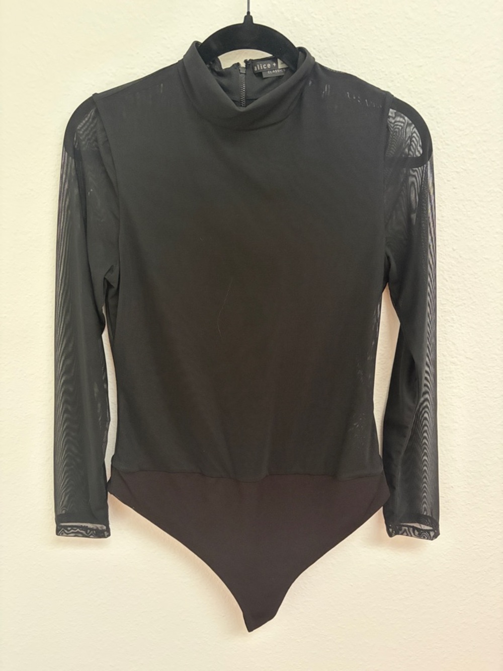Alice + Olivia Black Sheer-Sleeve Mock Neck Bodysuit
